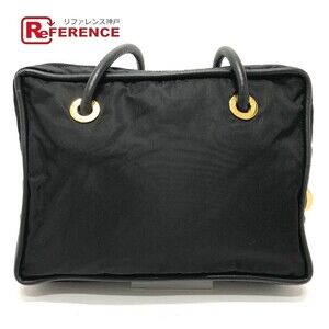 Celine Circle Logo Shoulder Bag Nylon Leather Black